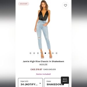 NWT Agolde Jamie High rise jeans,in‎ Shakedown,100% cotton,34